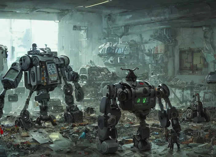 Image similar to a room filled with lots of junk and broken robots and mech, concept art by scott listfield, cgsociety, neoplasticism, artstation hq, playstation 5 screenshot, cryengine