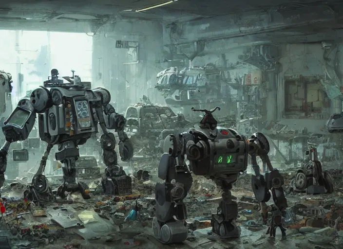 Prompt: a room filled with lots of junk and broken robots and mech, concept art by scott listfield, cgsociety, neoplasticism, artstation hq, playstation 5 screenshot, cryengine