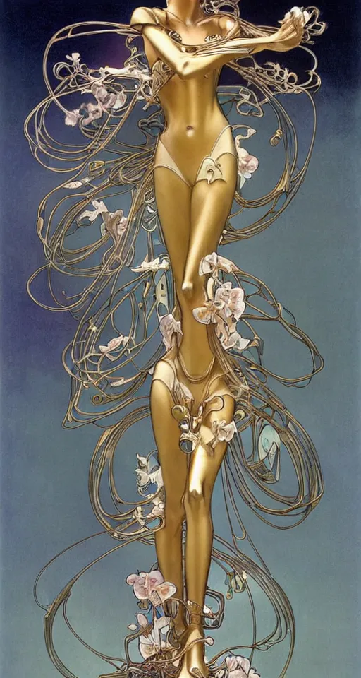 Prompt: a beautiful art nouveau zendaya robot, graceful pose, floating translucent veils, glass orchids, 1 8 th century ornaments, by hajime sorayama, alphonse mucha, hans ruedi giger,