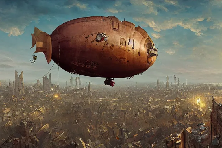 Image similar to a pig-blimp, pig head, steampunk, digital art, extremely detailed, flying over a city, greg rutkowski, cinematic
