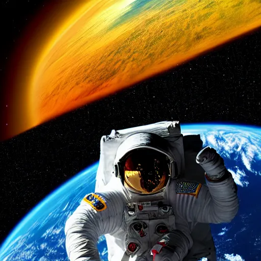 Prompt: an astronaut abserving a beautiful vista on an strange colorful world