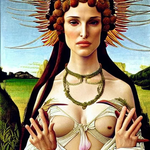 Image similar to natalie portman as the goddess of spring, elegant portrait by sandro botticelli, detailed, symmetrical, intricate