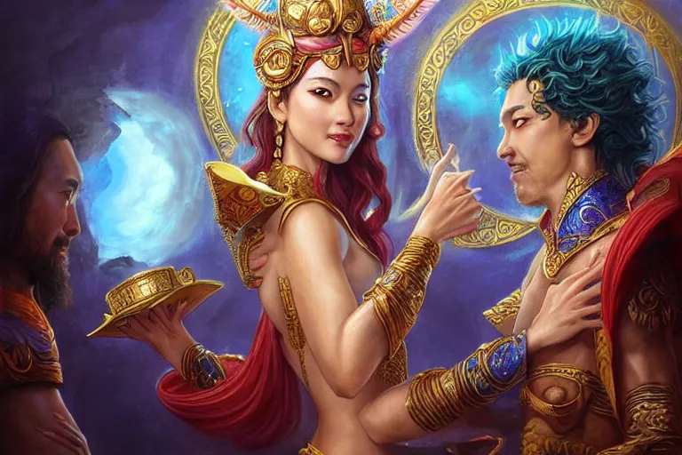 Image similar to close up moment of a divine a sun god and a moon goddess lovers magician at a wedding banquet, highly detailed, d & d, fantasy, highly detailed, digital painting, trending on artstation, concept art, sharp focus, asian feature, illustration, art by artgerm and daniel gerhartz and magali villeneuve