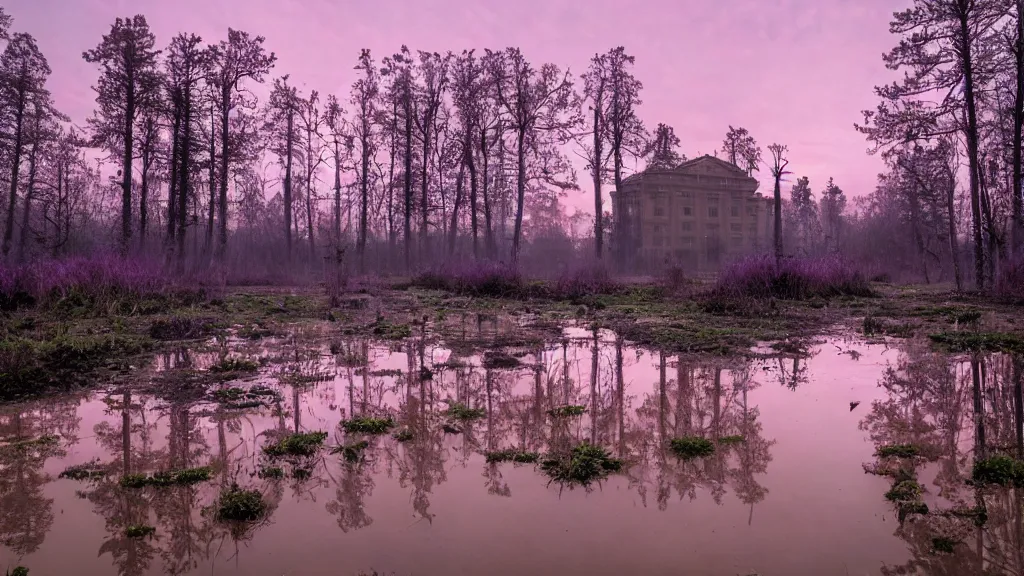 Prompt: abandoned huge building, puddles of water, mushrooms, sunrise, purple glow, by greg rutkowsky and ivan shishkin,