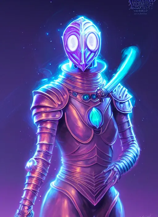 Image similar to a knight faceless glowing liquefied stardust adventurer, dnd fantasy character, full body portrait, glowing neon skin, magical aura, ultra realistic, intricate, elegant, highly detailed, digital painting, artstation, smooth, sharp, focus, illustration, art by artgerm and greg rutkowski and alphonse mucha and dan mumford, sacred geometry