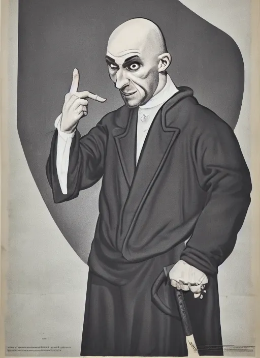 Image similar to portrait of glamorous bald medieval man with big nose and annoyed gesture,look of hate, threatening pose, 1940s propaganda poster, full hd,highly detailed