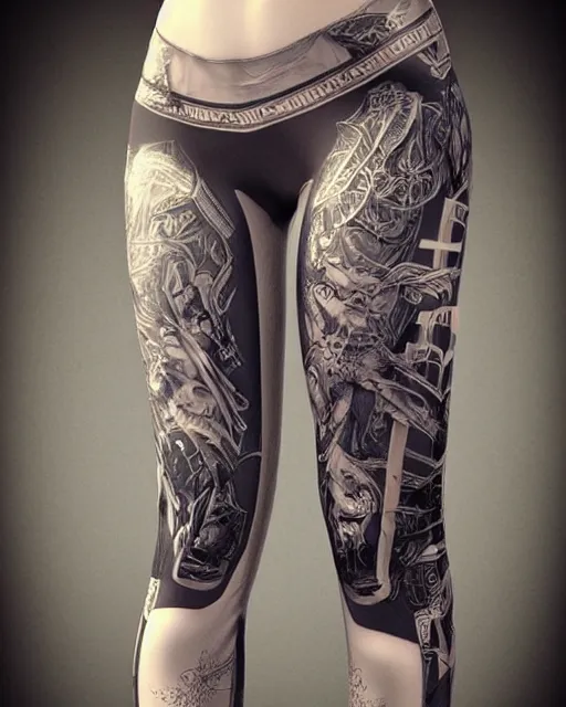 Image similar to Perfect leggings pattern imitating elfish tattooes, focus on the pants and boots with graved runes, close-up on legs, highly detailed, digital painting, artstation, concept art, smooth, sharp focus, illustration, art by Artgerm and Hajime Sorayama