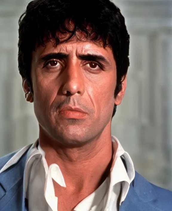 Image similar to headshot portrait. tony montana from movie scarface 1 9 8 3. al pacino, perfect symmetric face, coherent eyes, fine details., 4 k, ron cobb. cinestill