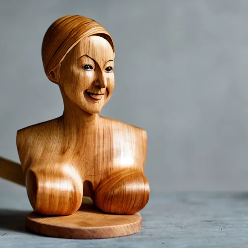 Prompt: wooden sculpture of a blonde lady in a bikini cooking sardines, polished maple, thoughtful, elegant, real