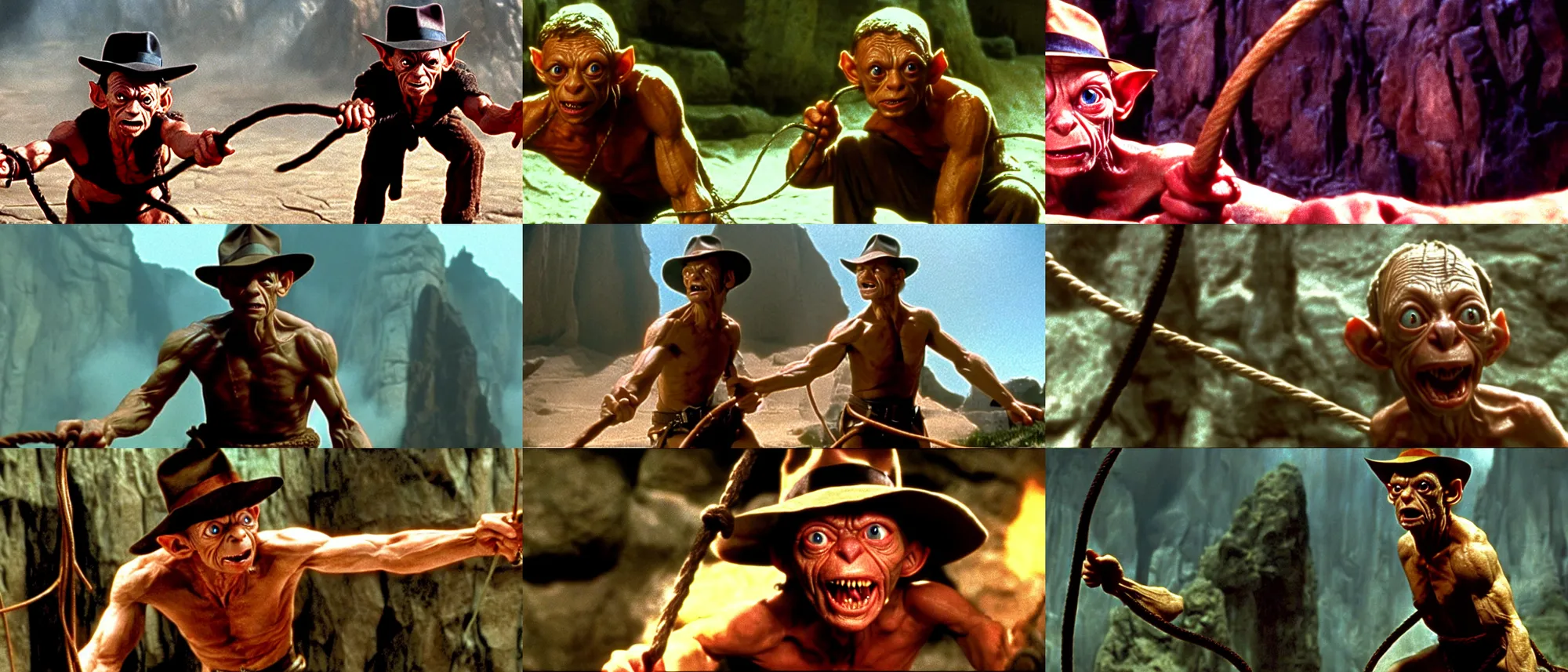 Prompt: a cinematic cinemascope portrait still of gollum as indiana jones with a whip in indiana jones and the last crusade ( 1 9 8 9 ),