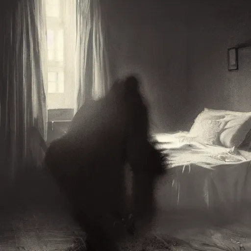 Image similar to dark room with a shadow figure standing in front of the bed while a person sleeps in it, very dim lighting, 8 k octane beautifully detailed render, post - processing, extremely hyper - detailed, intricate, epic composition, masterpiece, trending on artstation, detailed detailed detailed, masterpiece, stunning art by anders zorn, wonderful masterpiece by greg rutkowski,