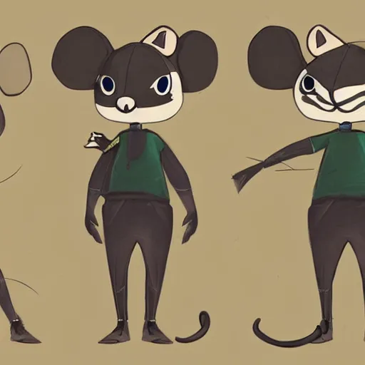 Image similar to anthropomorphism, mouse / human hybrid game character concept art, thief, bad guy, ghiibli meets animal crossing style