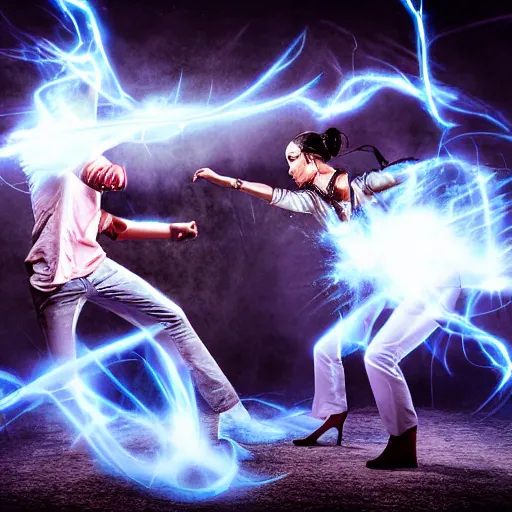 Prompt: action photography of a man and a woman fight in a magic duel. the man uses a black magic spell causing intense flames. the woman used a spell of white magic causing an avalanche of many bursts of light. several mirrors surround them and reflect their fight. atmosphere of intense pressure.