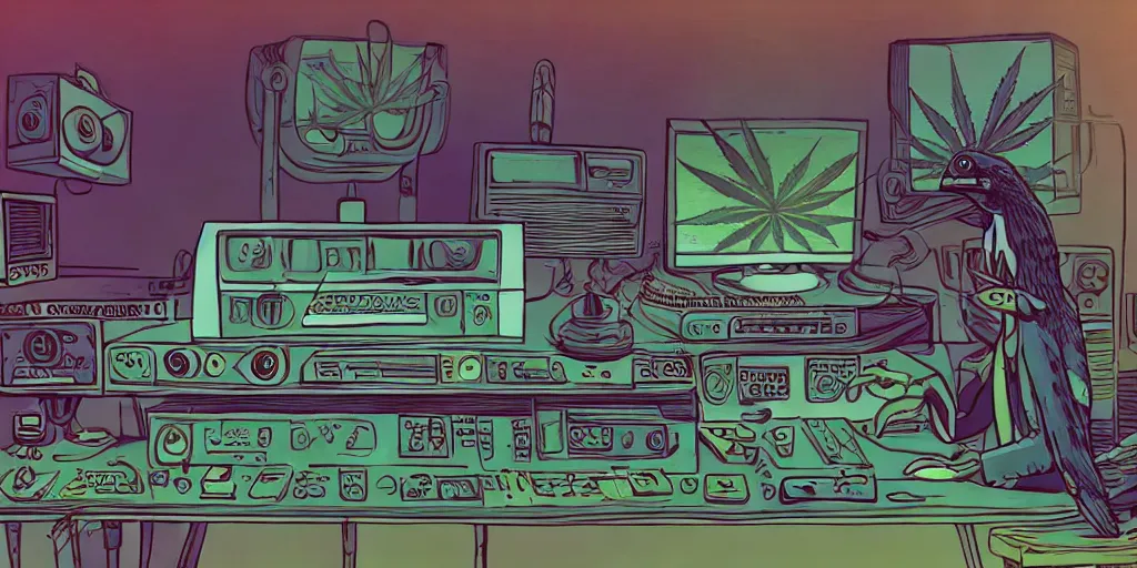 Image similar to 'black chicken'!!! smoking 'cannabis'!!!!!! in front of 'audio console'!!!! and 'multi monitors'!!!! 'in a hi-tech tv broadcasting studio'!!!!, artwork by James Gilleard