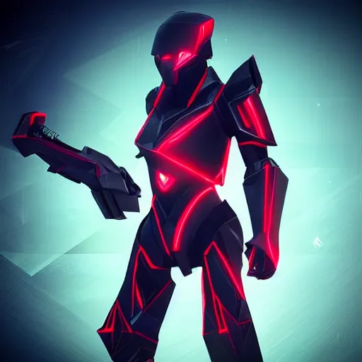 Image similar to “ shiny black low poly sharp angular edgy polygonal sci - fi armor cinematic shot dynamic pose red glowing lines deviant art art station 4 k octane render bloom effect war frame fanart destiny 2 fanart ”