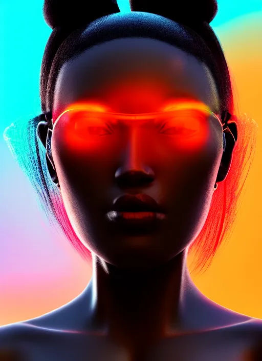 Prompt: attractive female portrait of african samurai, wearing neon shades, wearing gui, amber sky cloud background, rule of thirds, uplight, intricate, symmetrical!!, depth of field, cinematic, filmic, vsco, concept art, artstation, digital painting, elegant, epic, focus, octane render, vray render, arnold render,