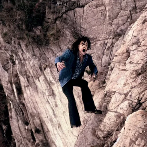 Image similar to johnny depp falling down a cliff with the camera pointing downwards at his face as you can see him scream while falling down the cliff, realistic, movie scene, dramatic, hdr, clear image,