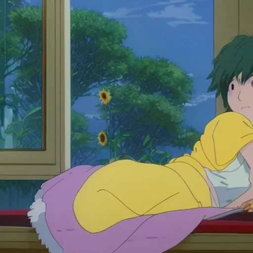 Image similar to a boy with long green hair lies in a hospital bed with a bunch of sunflowers by the window, by mamoru hosoda, hayao miyazaki, makoto shinkai