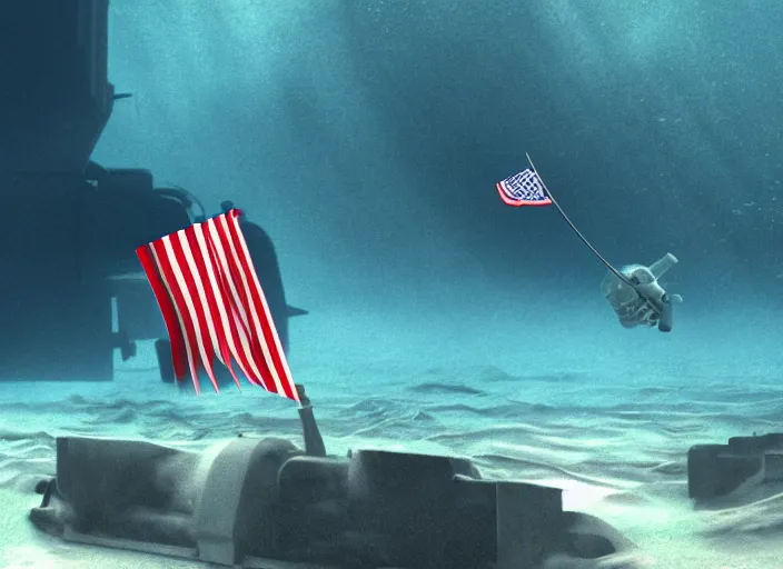 Image similar to astronaut underwater putting a flag in the sand of the bottom of the ocean. in the background, a submarine is visible. dark, concept art, cinematic, dramatic, atmospheric, 8 k, trending on artstation, zack snyder