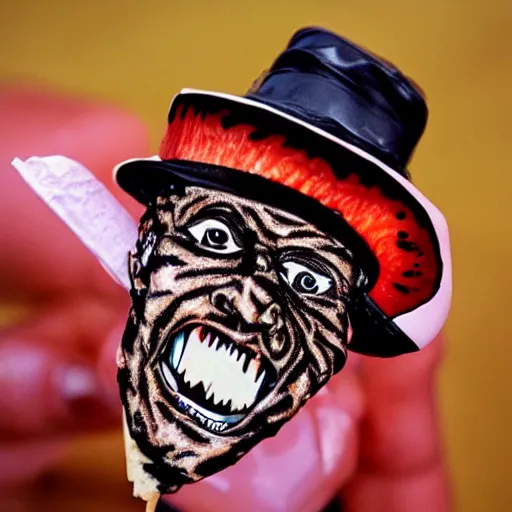 Image similar to freddy kruger face on an ice cream with a stick, realistic photography, high detailed