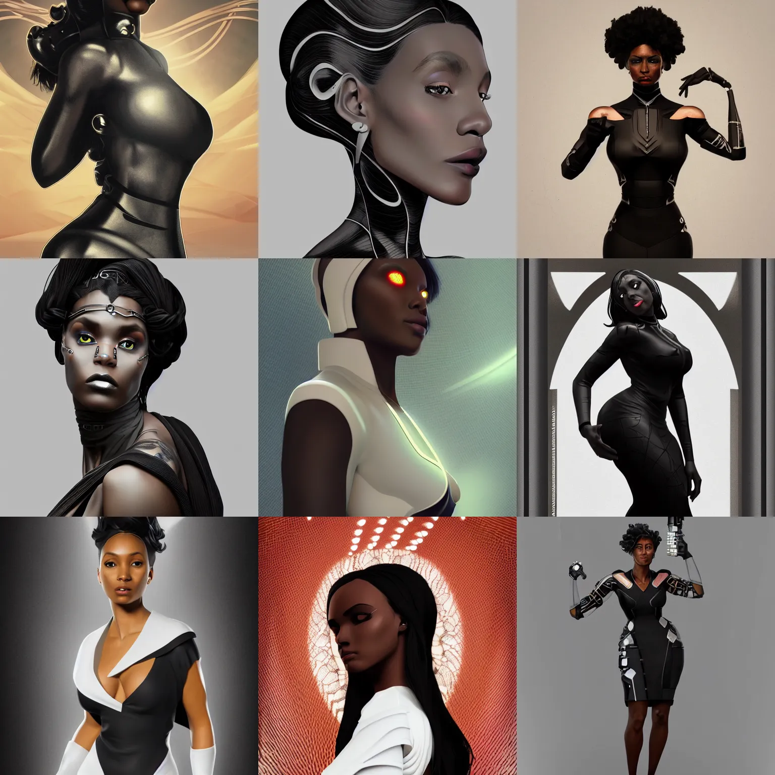 Prompt: beautiful black cyborg woman in a black cutout dress with white trim, as seen on artgerm, octane render, in the style of alphonse mucha, ultra realistic, highly detailed, 8 k