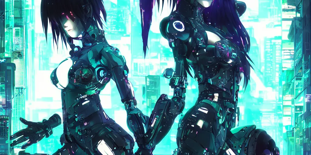 Image similar to full digital cyberpunk anime!!, shattered cyborg - girl in the style of arcane!!!, lightning, raining!!, water refractions!!, black long hair!, biomechanical details, neon background lighting, reflections, wlop, ilya kuvshinov, artgerm