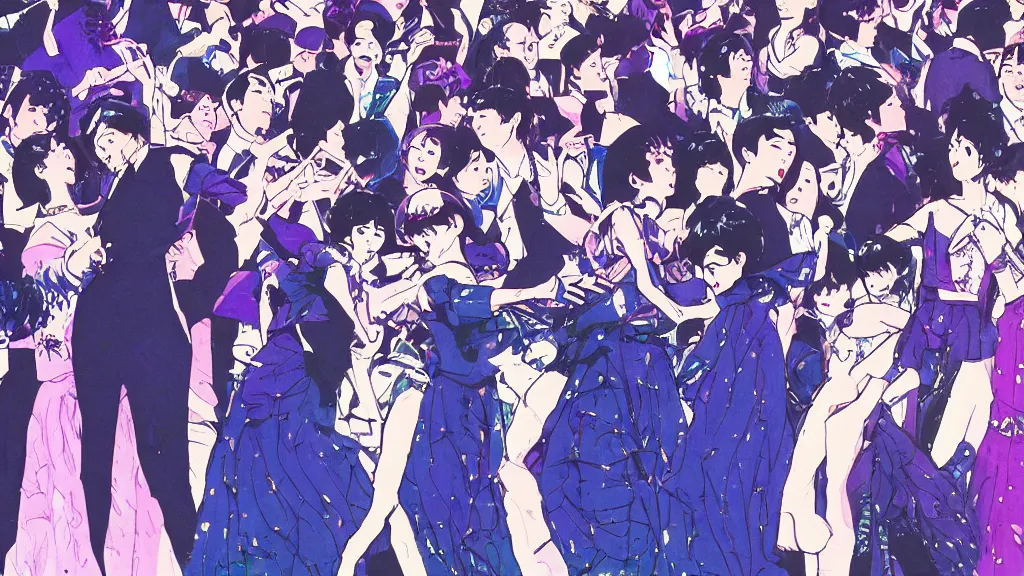 Prompt: detailed illustration of the front row of a concert seen from the front composed of fashionably dressed people dancing, dark blue and intense purple color palette, in the style of kojima ayami, amano yoshitaka