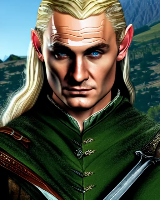 Prompt: Legolas from Lord of the rings in GTA V, Cover art by Stephen Bliss, boxart, loading screen, 8K resolution