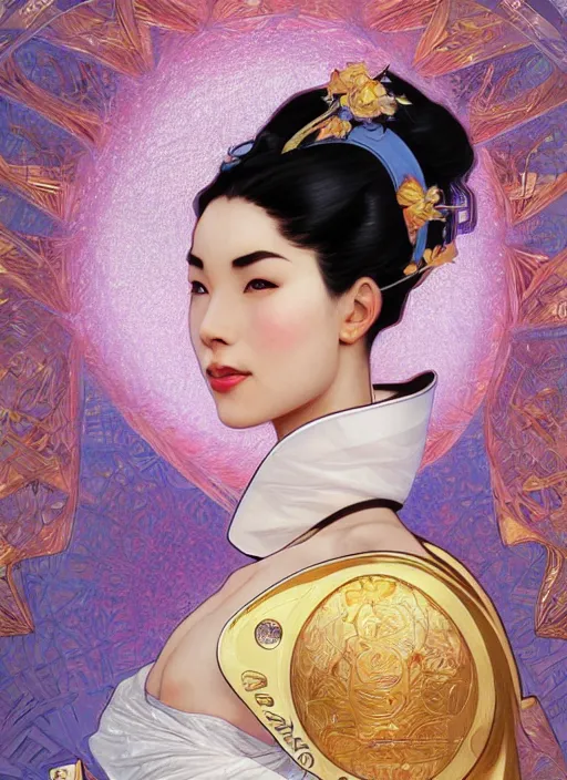 Image similar to ultra realistic illustration, smiling nubian geisha prima ballerina, sci - fi, fantasy, symmetrical face, intricate, elegant, highly detailed, digital painting, artstation, concept art, smooth, sharp focus, illustration, art by artgerm and alphonse mucha