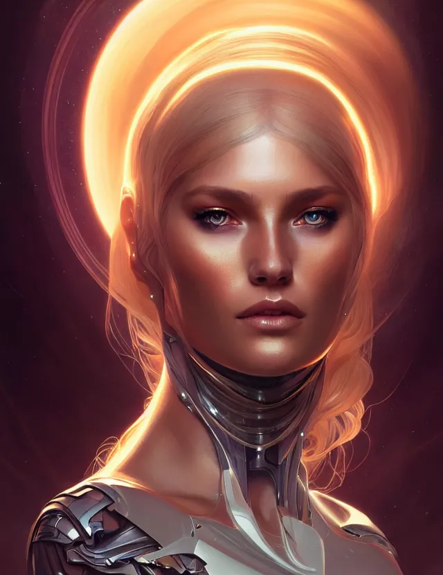 Image similar to futuristic woman portrait, sci-fi, amber eyes, face, long hair, fantasy, intricate, elegant, highly detailed, digital painting, artstation, concept art, smooth, sharp focus, illustration, art by artgerm and greg rutkowski and alphonse mucha