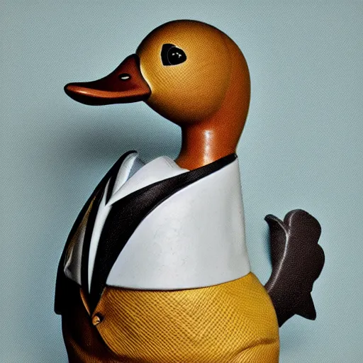 Image similar to a high detail photo of an antropomorphic duck wearing a suit, subject= duck, subject detail: wearing a suit, photorealism