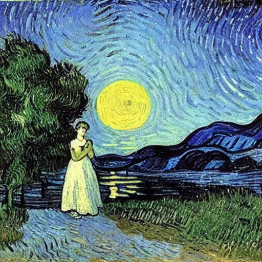 Image similar to Victorian woman singing quietly by a sacred lake at night, bright fire flies, big moon, stars, painted by Vincent van Gogh, Jacques-Louis David detailed