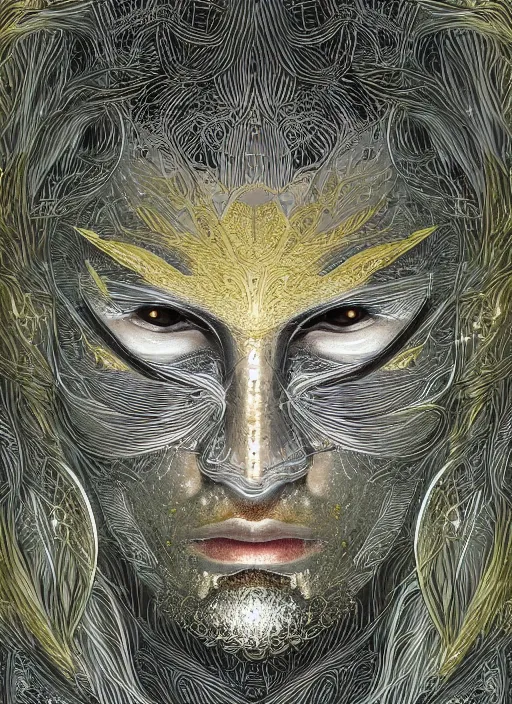 Image similar to glowing silver and golden elements, full close-up portrait, vector crow from unsplash, book cover, green forest, white moon, establishing shot, extremly high detail, photo-realistic, cinematic lighting, pen and ink, intricate line drawings, by Yoshitaka Amano, Ruan Jia, Kentaro Miura, Artgerm, post processed, concept art, artstation, matte painting, style by eddie mendoza, raphael lacoste, alex ross