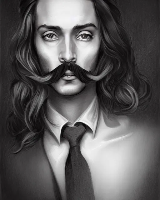 Image similar to a drawing of a man with long hair and a salvador dali mustache, an ultrafine detailed painting by Charlie Bowater, trending on Artstation, digital art, speedpainting, digital painting, artstation hq