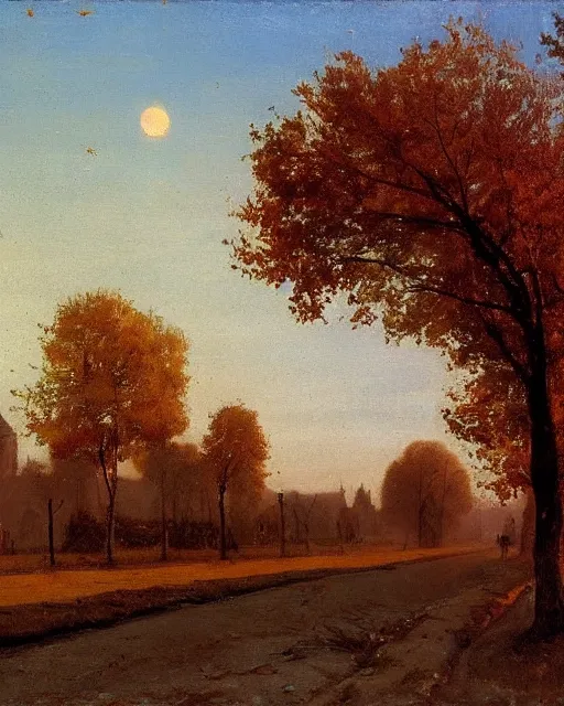 Prompt: autumn city landscape, faint sunrise, main road, matte painting, by Isaac Levitan and Vasily Perov