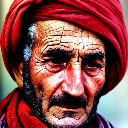 Image similar to portrait of president lyndon b johnson as afghan man, green eyes and red scarf looking intently, photograph by steve mccurry