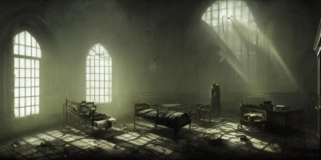 Image similar to inside an eerie asylum, beds, electro shock equipment, sad, loneliness, god rays, digital art, landscape, fantasy art, octane render, unreal engine, high detail, very realistic, by greg rutkowski. by james gurney