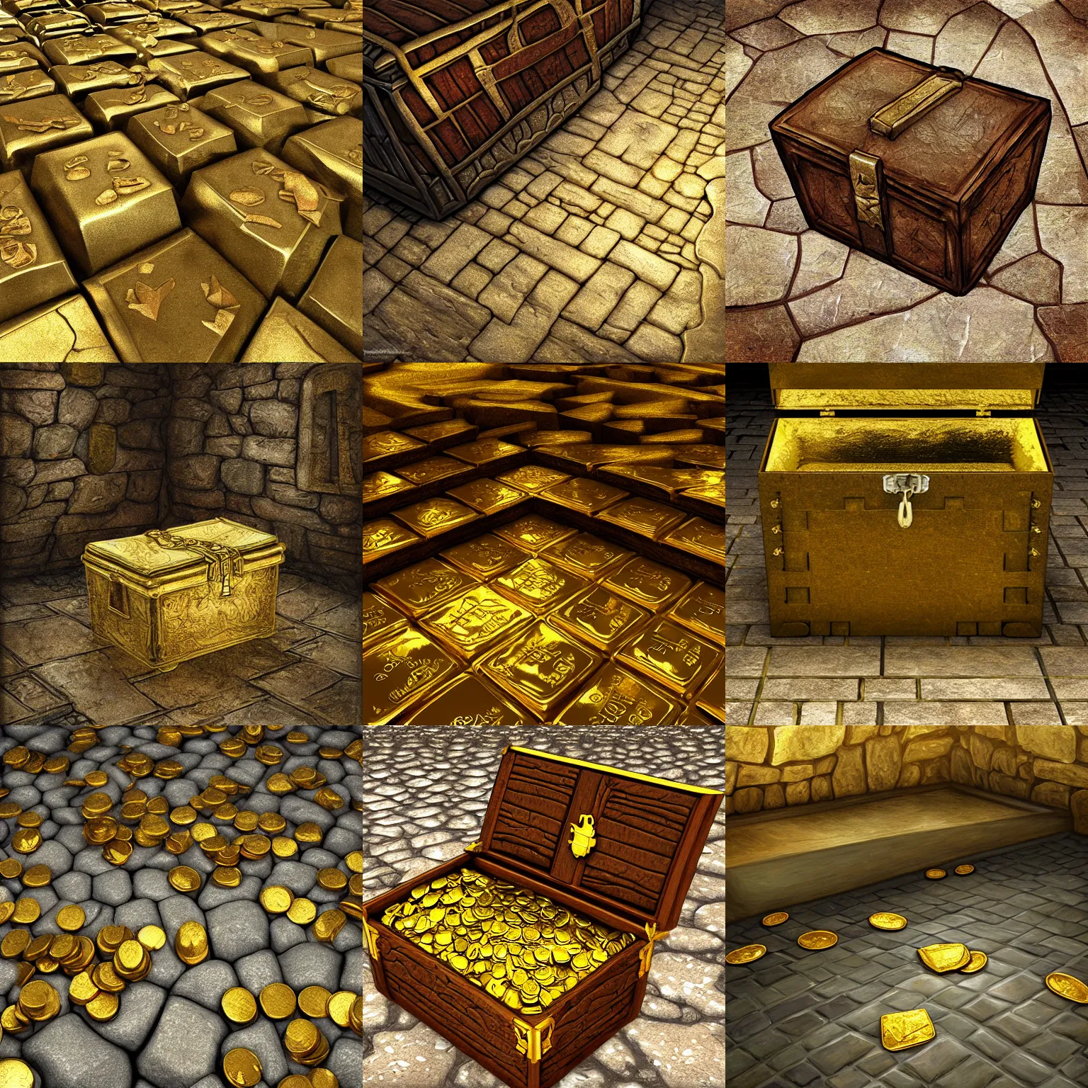 Prompt: stone floor, opened chest full of gold, dnd fantasy digital art, high detail, realistic