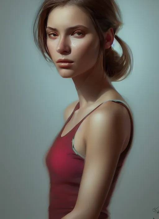 Image similar to portrait of a gorgeous young woman in the style of stefan kostic, artstation, concept art, realistic photo, smooth, insanely detailed