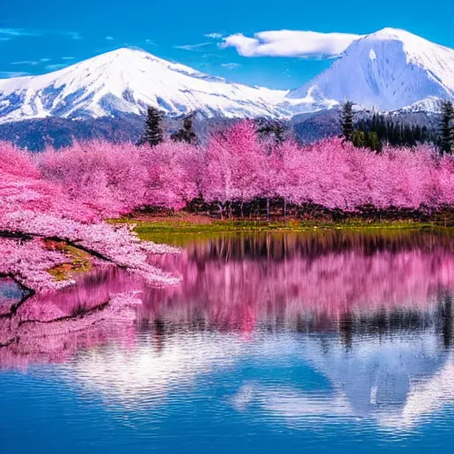 Image similar to forest and lakes with Sakura flowers with snow mountains at the background