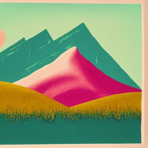 Prompt: a risograph of an beautiful mountain landscape