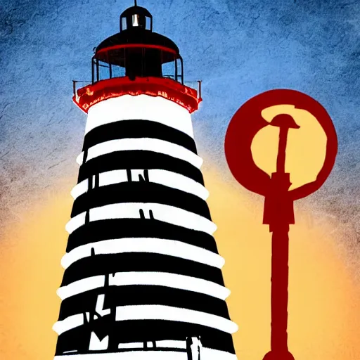 Image similar to lighthouse in the middle of the ocean, covered in silent hill style sigils, horror, person standing with a lantern centered in the foreground, spooky, scary