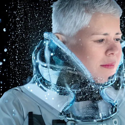 Image similar to futuristic female soldier eyes closed partly submerged in highly viscous clear fluid, frost particles, ice needles, cold blue light, complex hyperdetailed technical suit. white hair flowing. reflection. rays and dispersion of light. volumetric light. 5 0 mm, f / 3 2. noise film photo. ultra realistic, wide angle.