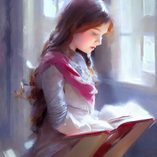 Image similar to young girl reading a book, highly detailed, digital painting, artstation, concept art, art by Daniel F. Gerhartz