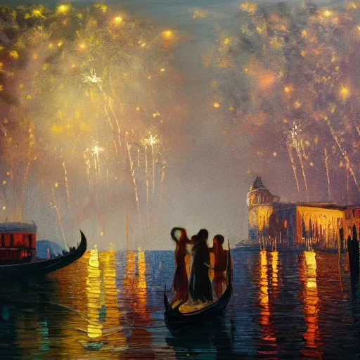 Image similar to an oil painting of couple kissing, in a background fireworks in venice