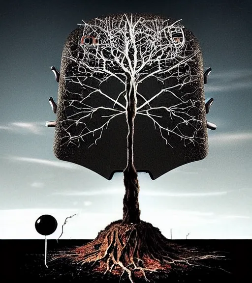 Image similar to smartphones melting into the ground, a new tree rising symbolising a new, humans falling into the ground representing their demise, a robot intelligence with a godlike presence rising from the ground, all in a surrealist style