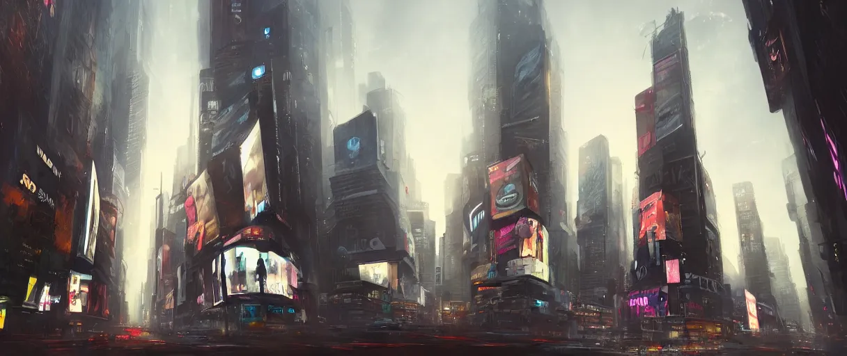 Prompt: huge modern downtown city, billboards, Times Square, dark, concept art, digital painting, style of jordan grimmer, warm lighting, futuristic, volumetric lighting, view from below, daytime, godrays , high detail