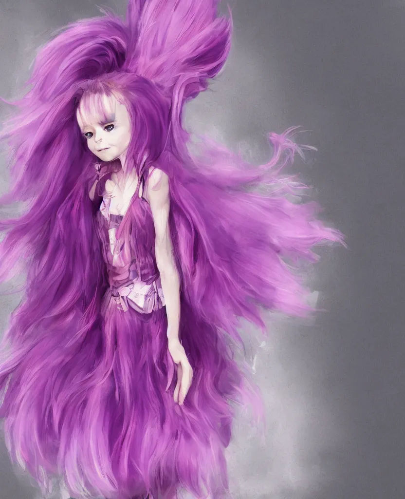 Image similar to little girl with eccentric pink hair wearing a dress made of purple fur, anatomically perfect, concept art, smooth