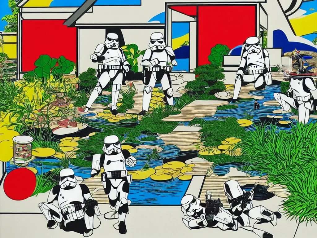 Image similar to hyperrealistic composition of the japanese home with a garden and a pond, 2 stormtroopers sitting around it, pop - art style, jacky tsai style, andy warhol style, roy lichtenstein style, rich palette, acrylic on canvas