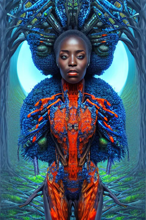 Prompt: hyperrealistic post-maximalist super expressive! black woman with exoskeleton armor, merging with tree in a forest, highly detailed digital art masterpiece smooth cam de leon hannah yata dramatic pearlescent blue orange light ground angle hd 8k sharp focus